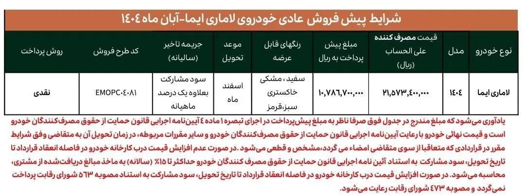 اعلام شرایط پیش فروش خودرو لاماری ایما – آبان 1404