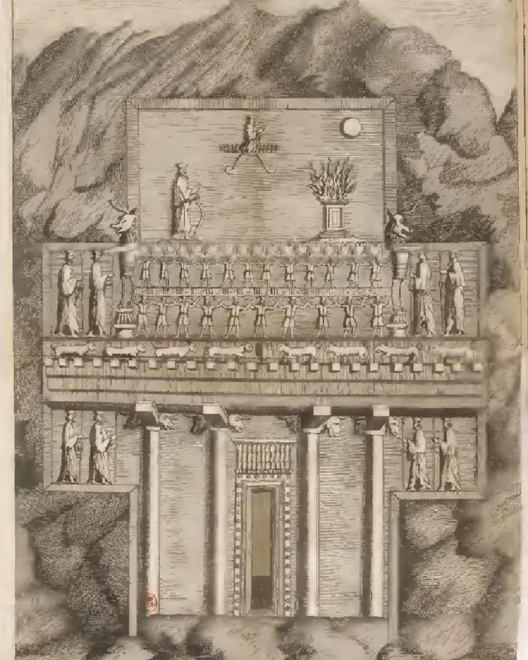 تصویری از قدیمی‌ترین نقاشی‌های موجود از دو آرامگاه جنوبی شماره 5 و آرامگاه شمالی شماره 6 تخت‌جمشید وجود دارد که به «ژان شاردن» کشیده شده است. 6 مقبره صخره‌ای از شاهان هخامنشی بر جای مانده که چهار عدد در نقش رستم و دو عدد در بالای صفه تخت جمشید قرار دارد. مقبره شمالی که روبه‌روی کاخ صد ستون قرار دارد، احتمالا متعلق به اردشیر سوم است؛ در بالای مقبره تصویر نمایندگان ملت‌های مختلف حک شده که سریر شاهی را بر دوش می کشند و شاه در بالای آن ایستاده است.  مقبره جنوبی هم متعلق به اردشیر دوم است که تقریبا همه مقبره‌ها شبیه هستند. این مقبره نیز در قسمت بالایی طرح تخت شاهنشاهی را دارد که بر سر نمایندگان ملت‌ها است و سنگ نبشته در کنار آن قرار دارند.