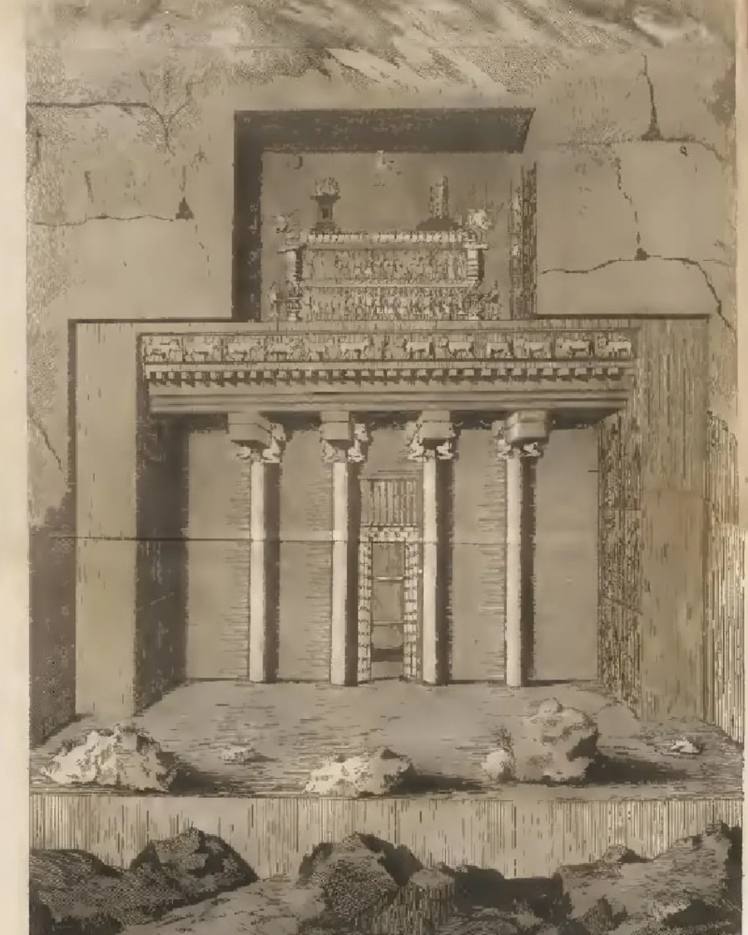 تصویری از قدیمی‌ترین نقاشی‌های موجود از دو آرامگاه جنوبی شماره 5 و آرامگاه شمالی شماره 6 تخت‌جمشید وجود دارد که به «ژان شاردن» کشیده شده است. 6 مقبره صخره‌ای از شاهان هخامنشی بر جای مانده که چهار عدد در نقش رستم و دو عدد در بالای صفه تخت جمشید قرار دارد. مقبره شمالی که روبه‌روی کاخ صد ستون قرار دارد، احتمالا متعلق به اردشیر سوم است؛ در بالای مقبره تصویر نمایندگان ملت‌های مختلف حک شده که سریر شاهی را بر دوش می کشند و شاه در بالای آن ایستاده است.  مقبره جنوبی هم متعلق به اردشیر دوم است که تقریبا همه مقبره‌ها شبیه هستند. این مقبره نیز در قسمت بالایی طرح تخت شاهنشاهی را دارد که بر سر نمایندگان ملت‌ها است و سنگ نبشته در کنار آن قرار دارند.