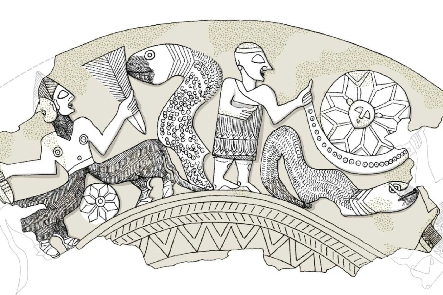 جام نقره‌ای که به جام «عین سامیه» (ˁAin Samiya) شهرت دارد، 55 سال پیش در یک مقبره‌ی باستانی در نزدیکی رام‌الله کشف شد. جام حدود 8 سانتی‌متر ارتفاع دارد و به نظر می‌رسد دو صحنه‌ی مجزا روی آن حک شده است. در صحنه‌ی اول، ماری غول‌پیکر در برابر موجودی ترکیبی (کیمرا) با تنه انسانی و پاهای حیوانی قد علم می‌کند. اما در صحنه‌ی دوم، مار شکست‌خورده روی زمین افتاده و بالای سرش، دو پیکر کاملاً انسانی، خورشیدی بزرگ و خندان را در چیزی شبیه به یک قایق آسمانی نگه داشته‌اند.